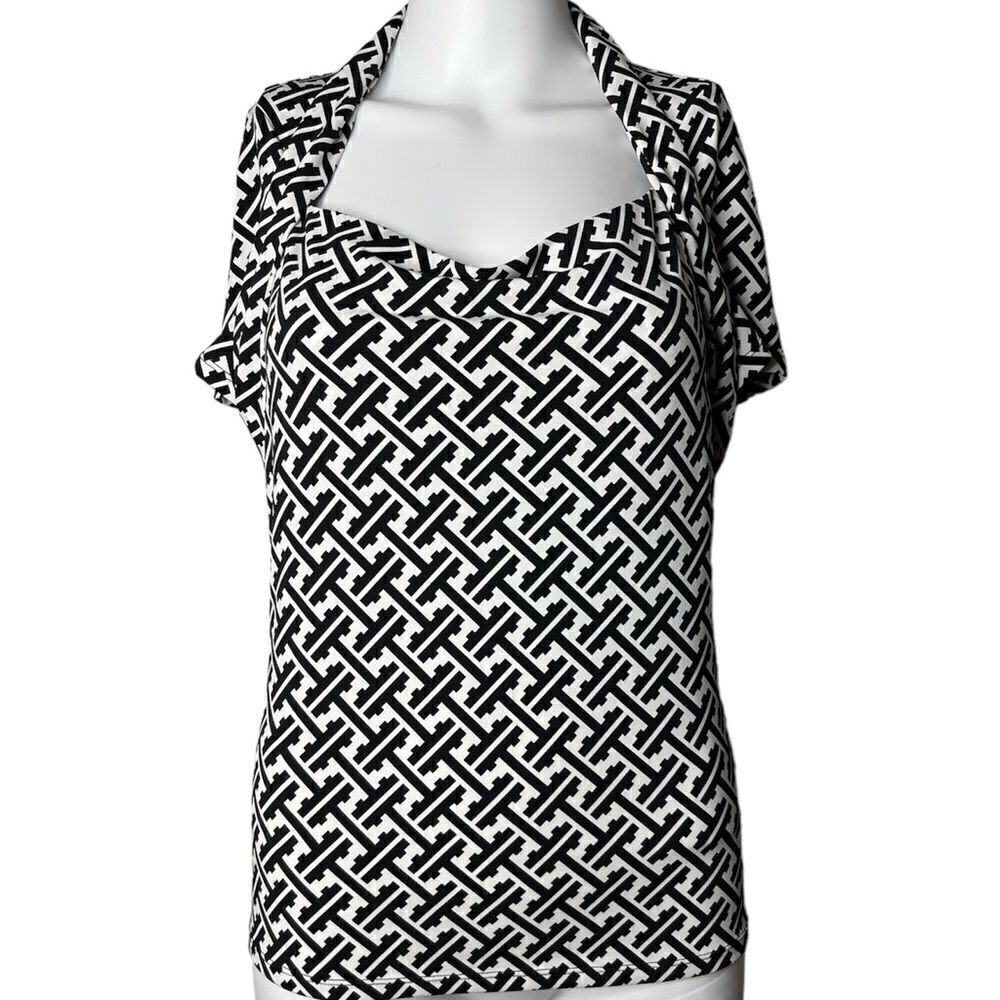 Antonio Melani Patterned Short Sleeve Blouse White & Black Size Medium